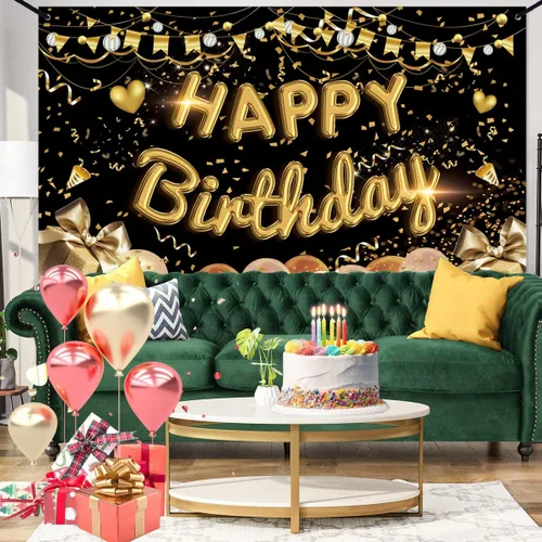 Miniatura 6 de Cartel de fondo de feliz cumpleaños extra grande de tela negro dorado cartel cartel fondo de cabina de fotos para hombres mujeres cumpleaños