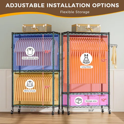 Miniatura 4 de Estante para ropa resistente con ruedas enrollables, estante para prendas con 3 niveles ajustables de estanterías de alambre para colgar ropa