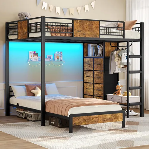 Miniatura 9 de ADORNEVE Litera Full sobre Twin con 8 cajones de almacenamiento, cama alta de metal con luces LED y estantes de almacenamiento, literas Twin sobre