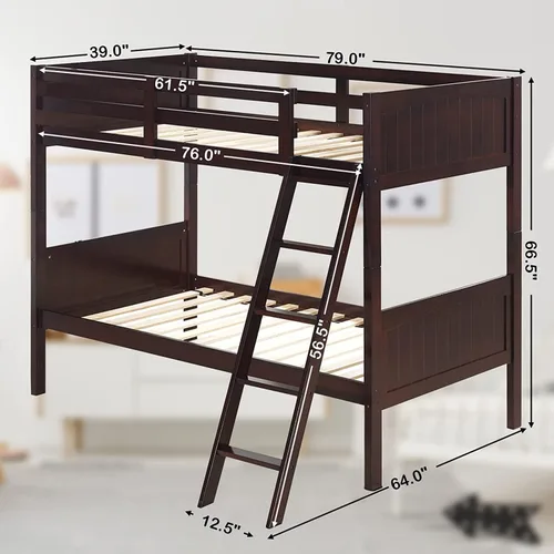 Miniatura 3 de KOMFOTT Litera de madera de tamaño individual sobre individual, marco de cama de madera maciza que ahorra espacio con escalera y barandilla