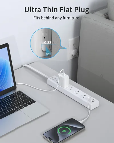 Miniatura 4 de HOPOW Regleta de alimentación con enchufe plano, cable de extensión plano ultra delgado de 6 pies, protector contra sobretensiones con 5 salidas y 3