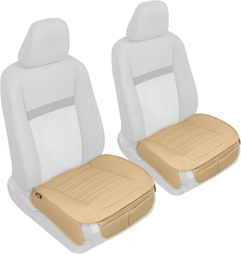 Motor Trend Fundas de asiento para autos, camiones, SUV, fundas de asiento acolchadas de piel sintética beige con bolsillos de almacenamiento, funda
