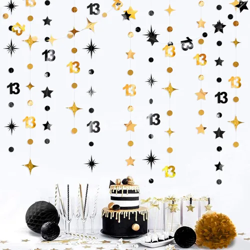 Miniatura 19 de Decoraciones Negras de Cumpleaños Número 13 Círculo Punto Estrella Centelleante Guirnalda Serpentina Colgante Metálica Banderín Banner Telón de Negro
