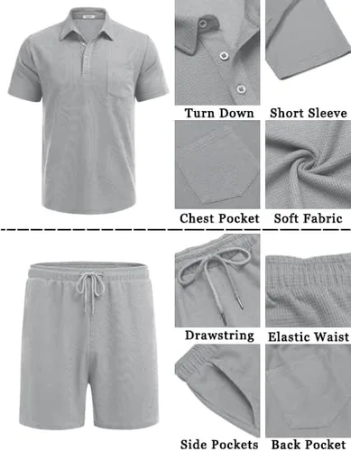 Miniatura 5 de COOFANDY Conjunto de camisa polo y pantalones cortos de punto gofre para hombre, conjunto de 2 piezas, traje de verano casual con bolsillos