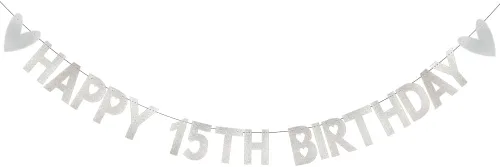 Cartel de feliz cumpleaños 15, pre-encordado, papel plateado con purpurina, decoraciones de fiesta para 15 años de edad, suministros de fiesta de