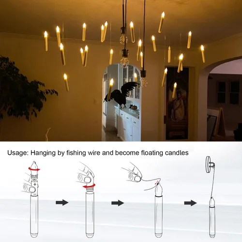 Miniatura 5 de Raycare Velas Flotantes con Varita, 12 Piezas de Velas Colgantes Mágicas Sin Llama, Vela LED Cónica con Luz Cálida Parpadeante y Control Remoto