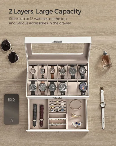 Miniatura 34 de SONGMICS UJWB012 - Caja de reloj de 12 ranuras, caja de reloj con cerradura con tapa de vidrio, 2 capas, con 1 cajón para anillos, pulseras, idea