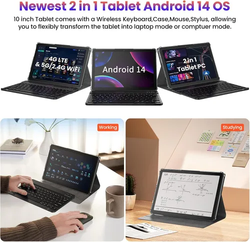 Miniatura 3 de Tableta, tableta Android 2025 con teclado de 14 GB+128 GB+1 TB expandir, tabletas celulares 4G con ranura dual SIM, tabletas 2 en 1 Octa-Core