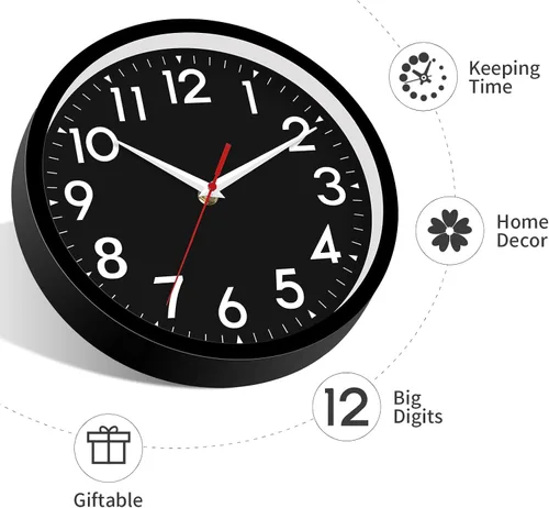 Miniatura 8 de DAXSMY - Reloj de pared negro de 10 pulgadas, funciona con pilas, simple, silencioso, sin tictac, analógico, decorativo para cocina, baño
