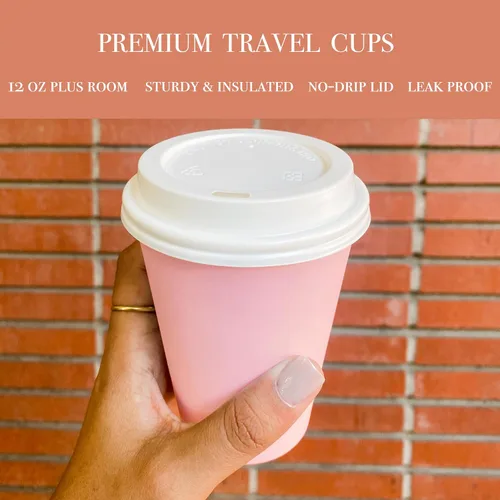 Miniatura 3 de BrewHouse - Tazas de café desechables con tapas, de 12 onzas, tazas de café de papel de lujo con tapas, 25 unidades, color rosa
