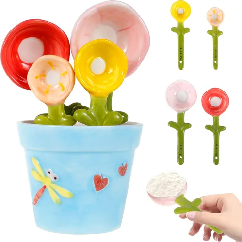 Juego de 4 cucharas medidoras de flores de cerámica con base, maceta decorativa y juego de tazas para el hogar y la cocina (azul)