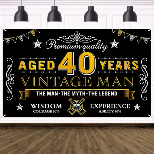 Cartel de feliz cumpleaños 40 para hombres, cartel de cumpleaños vintage de 40 años de color negro y dorado para fiesta, póster de fondo de fiesta