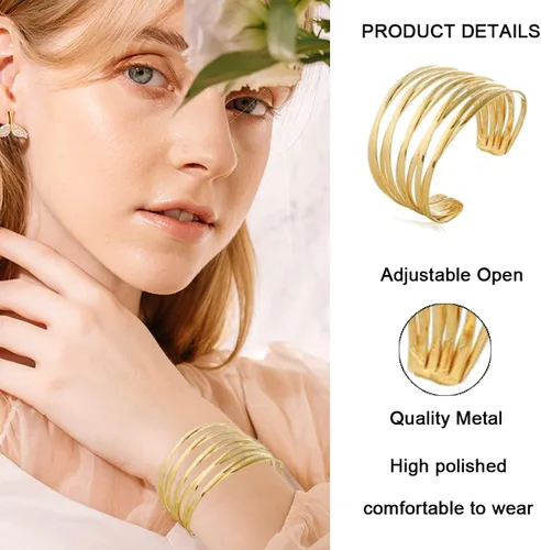Miniatura 3 de 8 pulseras para mujer, pulseras de alambre ancho abierto, pulsera dorada