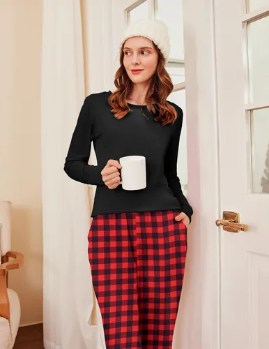 Miniatura 160 de Ekouaer Conjunto de pijama de manga larga para mujer, ropa de dormir suave con cuello redondo y bolsillos