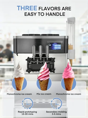Miniatura 4 de Máquina de helado comercial de 5.8-7.9 galones/h, 3 sabores suaves con tolva de 14 L, máquina de helado de limpieza automática con panel LCD táctil