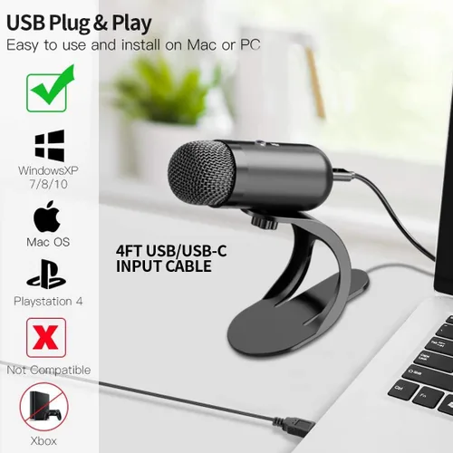Miniatura 7 de LIANGSTAR Micrófono de Computadora USB, Micrófono de Escritorio para Podcast con Botón de Silencio para Grabación y Transmisión, Condenser Negro