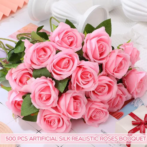 Miniatura 4 de Riceshoot 500 Piezas Flores Rosas Artificiales de Seda con Tallo Largo Ramo Nupcial de Boda Realista Flores a Granel para Jardín Hogar Fiesta