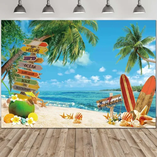 Miniatura 5 de Tela de poliéster de 7 x 5 pies, telón de fondo de playa de verano, fondo de playa tropical, isla de palmeras, fotografía, cielo de mar azul