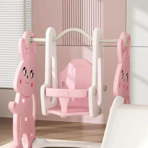 Miniatura 8 de Qaba Juego de tobogán y columpio 4 en 1 para niños de 1.5 a 4 años, parque infantil con temática de conejo con escalador, aro de canasta, para patio