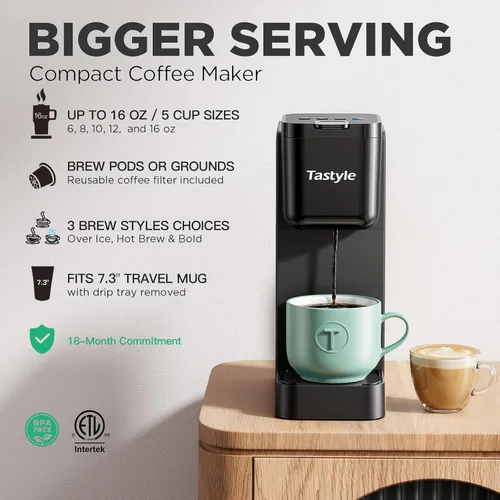 Miniatura 2 de Tastyle Cafetera de una sola porción para K Cup y café molido Prepara hasta 16 onzas, se adapta a tazas de viaje de 7.3 pulgadas Caliente, audaz