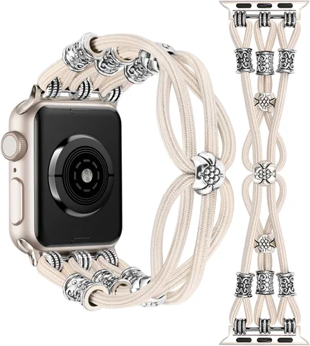 Miniatura 13 de TOYOUTHS Correa bohemia compatible con Apple Watch Band de 1.65, 1.57, 1.57 y 1.49 pulgadas, con cuentas, trenzada, elástica, occidental, elegante