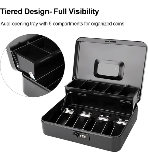 Miniatura 3 de Jssmst Caja grande de metal con cerradura con bandeja de dinero, caja de dinero con cerradura de combinación, color negro Cerradura de combinación