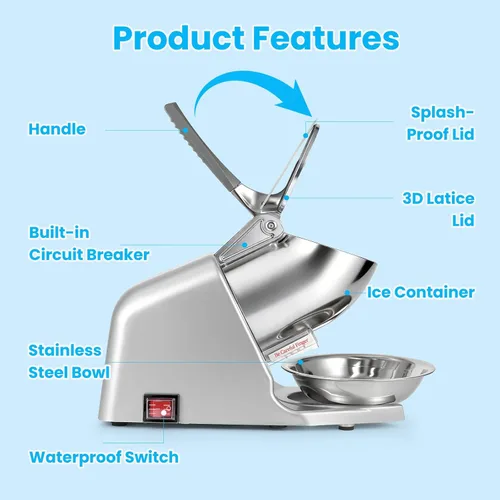 Miniatura 6 de Trituradora de hielo eléctrica de 143 libras/hora, afeitadora de hielo de 300 W, máquina de hielo afeitado de 2000 RPM con cuchilla adicional