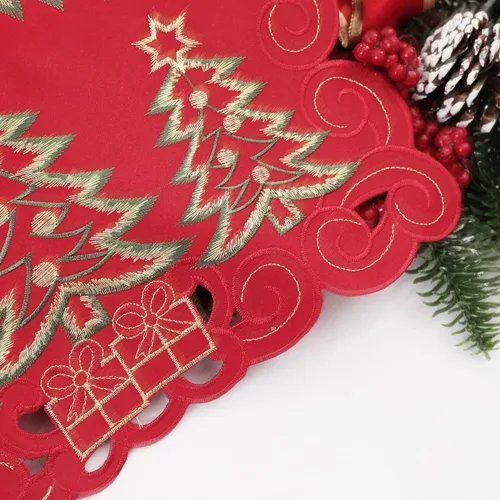 Miniatura 3 de Simplebrand Camino de mesa de Navidad rojo de 13 x 70 pulgadas de largo, camino de mesa de Navidad bordado con árbol de Navidad verde y regalos