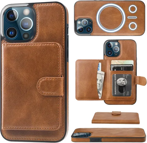 Miniatura 12 de Bocasal Funda tipo cartera para iPhone 13 Pro Max compatible con MagSafe magnético RFID bloqueo desmontable de piel sintética de alta calidad