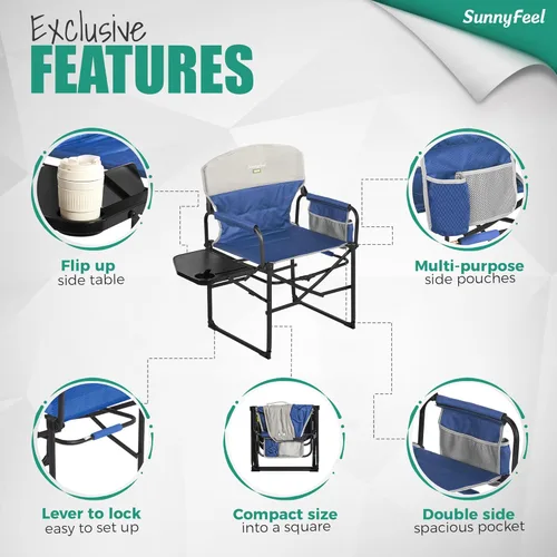 Miniatura 6 de SUNNYFEEL Silla de Camping para Directores, Silla Plegable Portátil de Gran Tamaño y Resistente con Mesa Lateral, Bolsillo para Playa, Pesca, Viaje