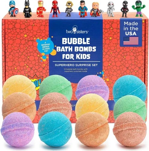 Bombas de baño de superhéroes para niños con juguetes sorpresa en el interior (paquete de 12) – Bomba de burbujas grande, aromas afrutados, aromas