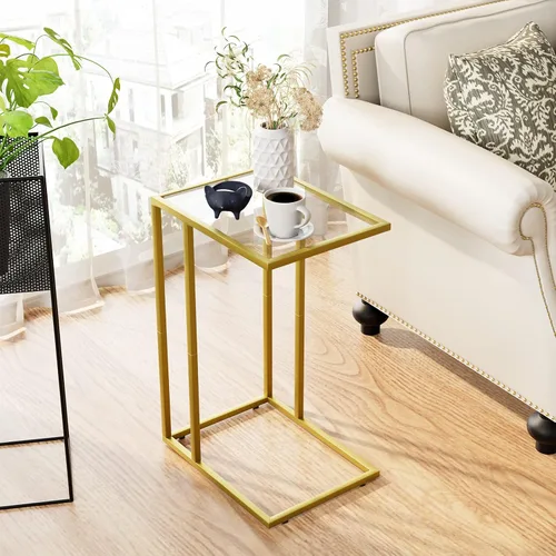 Miniatura 2 de Mesa auxiliar en forma de C, mesa auxiliar para sofá, mesa de refrigerio con vidrio templado y marco de metal, pequeña mesa de bandeja de TV