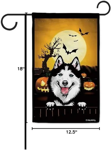 Miniatura 4 de Bandera de jardín de calabaza de Feliz Halloween Jack O'Lantern con perro Rhodesian Ridgeback Halloween Bat Boo Bandera decorativa para patio al