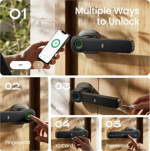 Miniatura 2 de Leydebong Cerradura de puerta inteligente con huella digital, tarjeta IC y teclado, cerradura electrónica 5 en 1 con control de aplicación, fácil