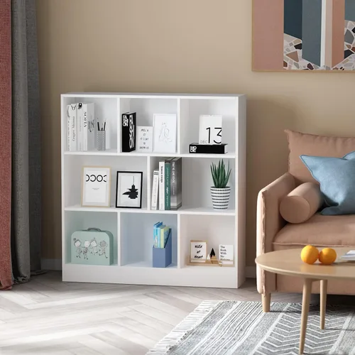 Miniatura 4 de ECACAD Estantería de madera con estantes abiertos de 3 niveles, organizador de almacenamiento de 8 cubos para sala de estar, oficina en casa, blanco