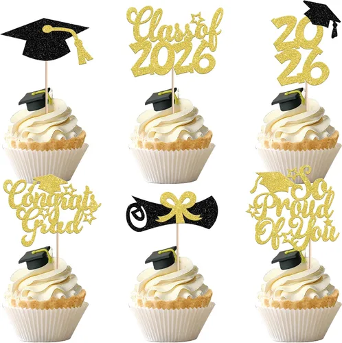 Miniatura 16 de Rsstarxi Paquete de 24 adornos para cupcakes de graduación 2026, con purpurina azul, para la clase de 2026, para diplomas, 24 piezas (6 diseños)