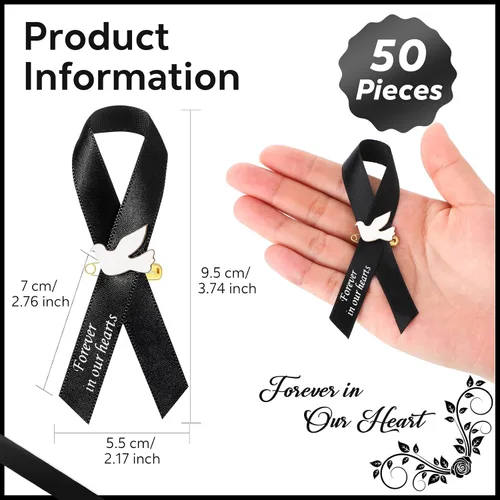 Miniatura 2 de 50 piezas de cintas de funeral de paloma, cintas conmemorativas de funeral, alfileres de servicio conmemorativo clásico, cinta de respeto con moño