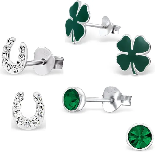 Juego de 3 pares de aretes redondos de plata de ley 925 con trébol irlandés de la suerte, herradura de cristal, color verde esmeralda (sin níquel)