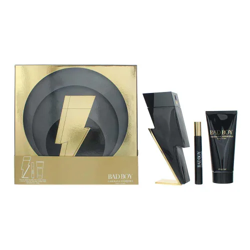 Carolina Herrera Bad Boy - Juego de 3 piezas para hombre (3.4 onzas Eau De Toilette Spray + Gel de ducha de 3.4 oz + spray de viaje de 0.33 onzas)