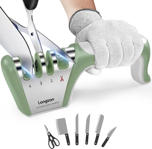 Miniatura 8 de Longzon Afilador de cuchillos 5 en 1 de 4 etapas con guante resistente a cortes, afila y restaura rápidamente las cuchillas sin filo, fácil y seguro