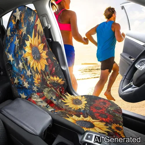 Miniatura 4 de Fundas de Asiento de Coche con Diseño de Sudadera de Girasol y Bandera Estadounidense para Coche, Camión, SUVs, Protector de Asiento Impermeable