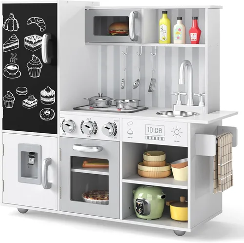 Miniatura 13 de HONEY JOY Juego de cocina para niños de 39 pulgadas, juego de cocina grande de madera con pizarrón, teléfono, utensilios, horno, microondas