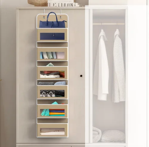 Miniatura 4 de Simple Houseware - Organizador con 6 bolsillos con ventana transparente para colgar sobre la puerta del armario, para recámara, baño, despensa, Beige