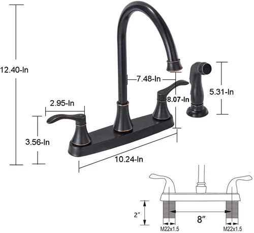 Miniatura 7 de Grifo de cocina de 3 agujeros o 4 agujeros de 2 asas con rociador lateral, grifos de fregadero de cocina de bronce aceitado libres de plomo