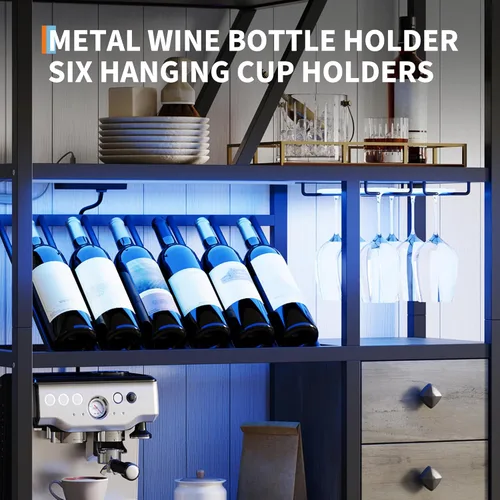 Miniatura 5 de GarveeHome Gabinete de bar de vinos con luces LED, estación alta de barra de café con tomas de corriente y estante de vino, soporte de microondas