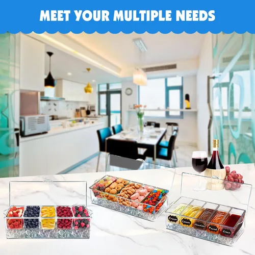 Miniatura 4 de Bandeja de condimentos refrigerados, cesta de frutas de bar con tapa y 5 compartimentos extraíbles, bandeja transparente para servir condimentos