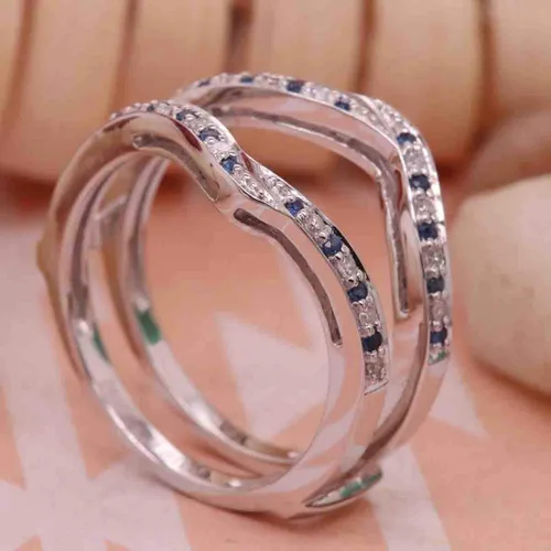 Miniatura 4 de Anillo doble de oro redondo de oro de 14 quilates con zafiro azul y diamante blanco para mujer