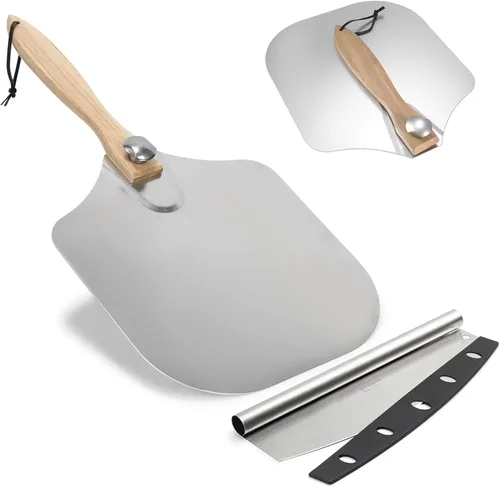 SKH - Pala de pizza de aluminio de alta calidad con mango de madera plegable y cortador basculante, pala grande de metal de 23 x 12 pulgadas para