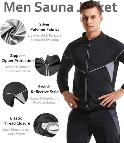 Miniatura 3 de LAZAWG Traje de sauna para hombre, manga larga, sudadera con cremallera, chaqueta de sauna para gimnasio, entrenamiento, ejercicio Negro