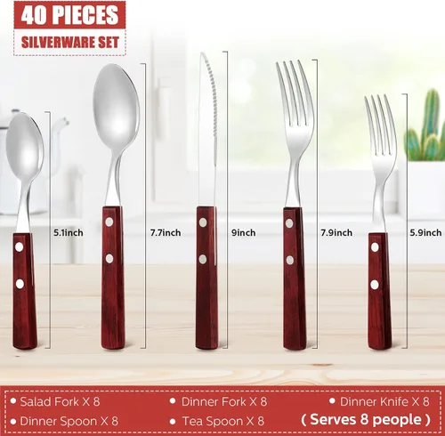 Miniatura 2 de Juego de cubiertos con mango de madera, 40 piezas, mango de nogal, 18/8 (304), acero inoxidable, mango de madera, cuchillo, tenedor, cuchara